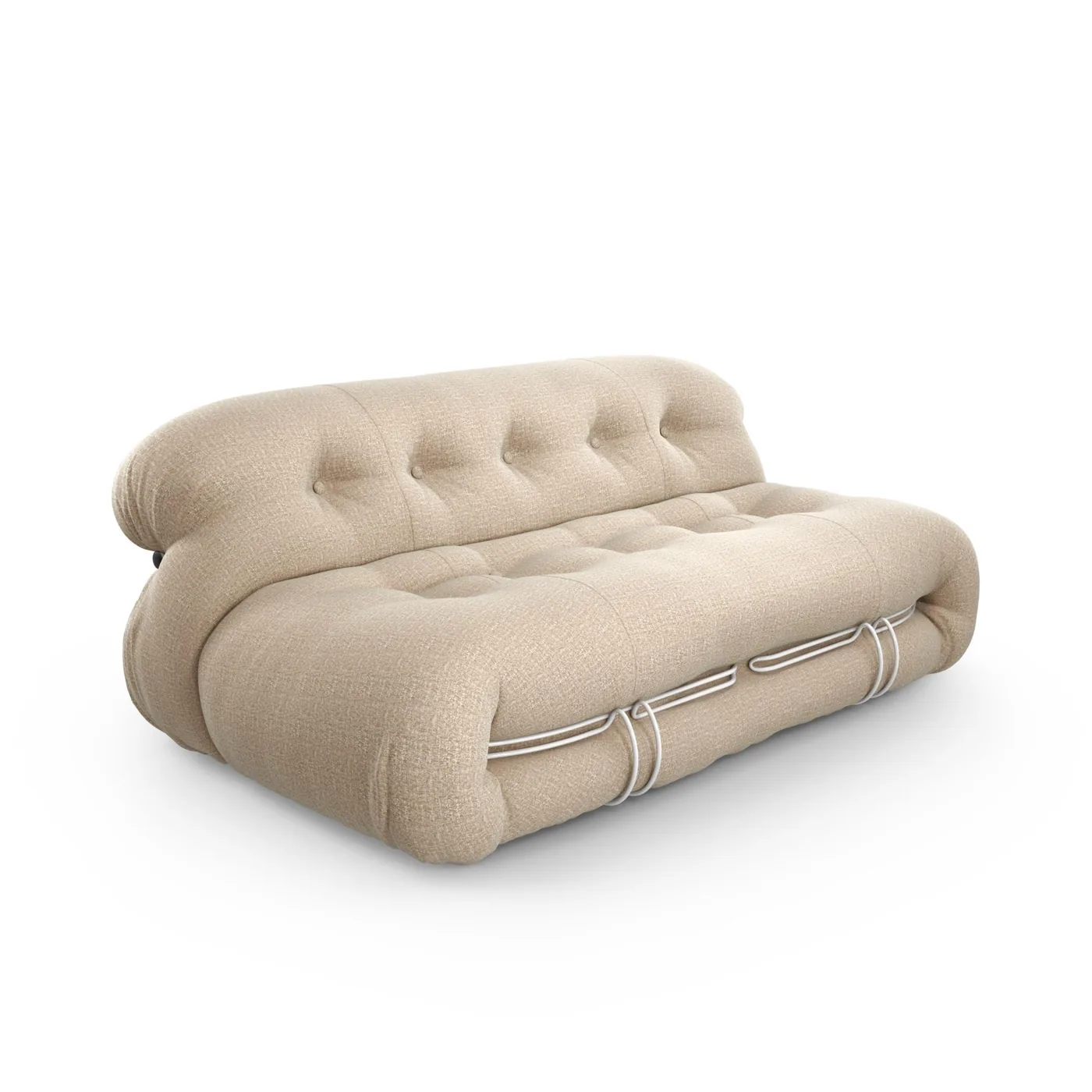 A rounded cream-coloured sofa with a padded back and sculptural lower frame on a white background.