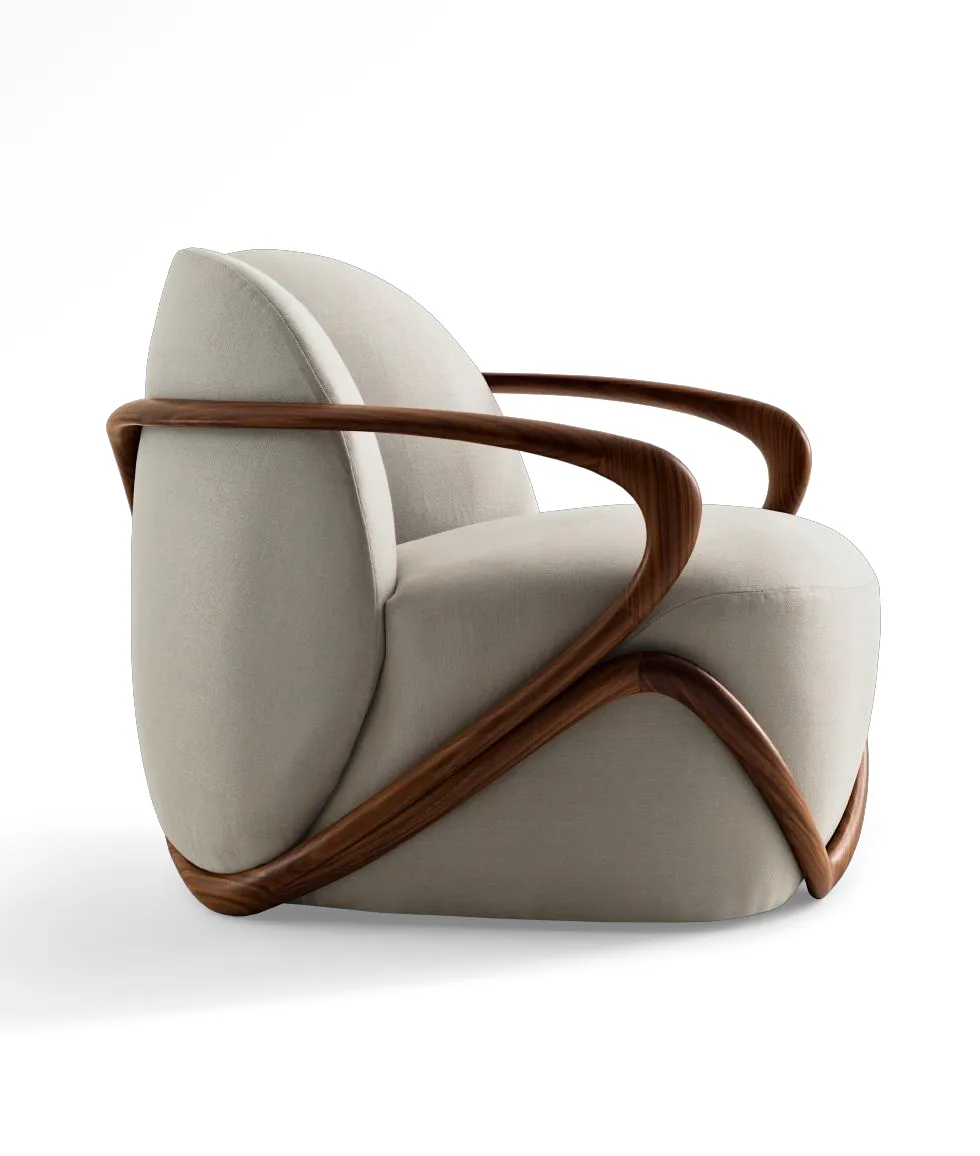 A light upholstered chair enclosed by a curved timber-coloured frame against a black background.
